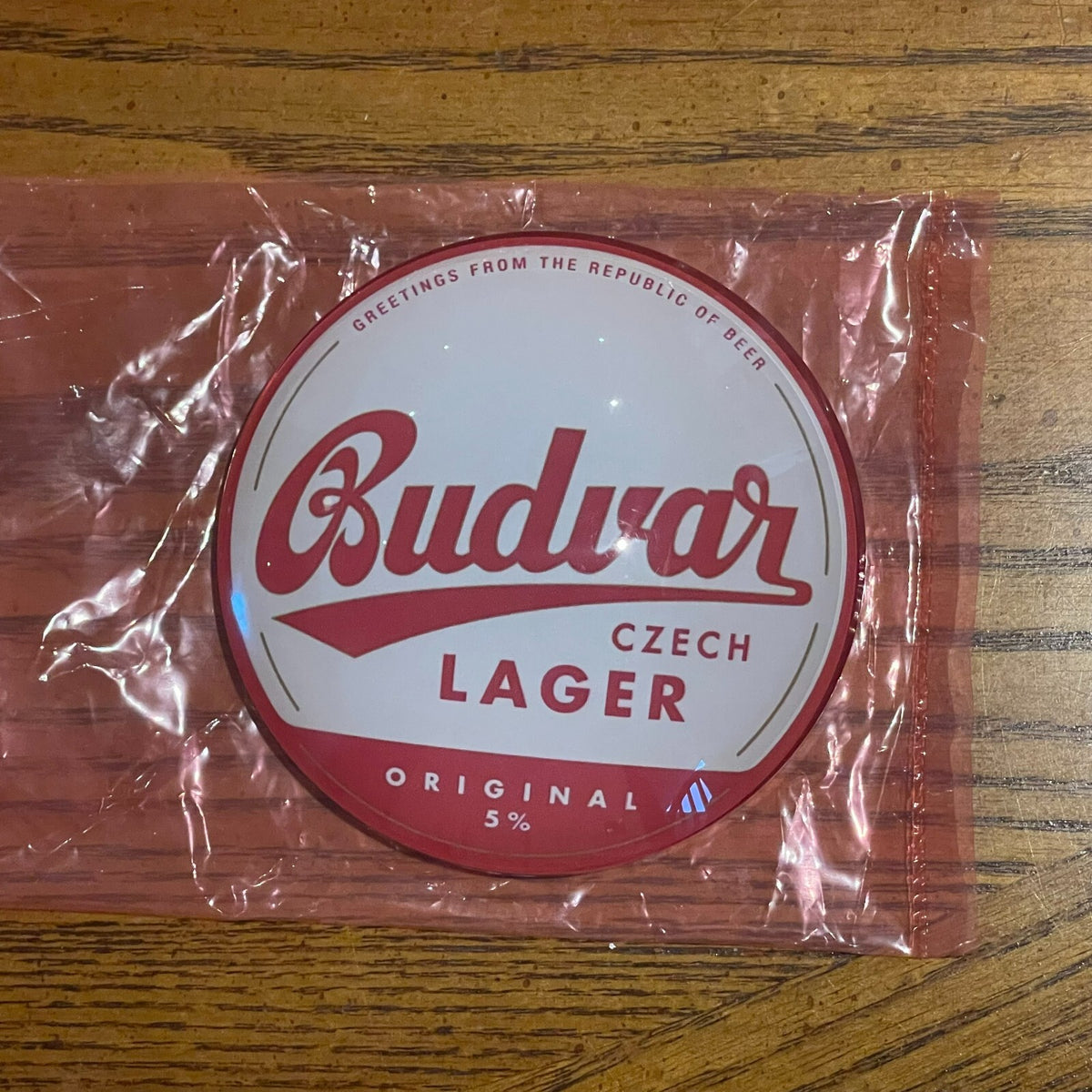 Budvar badge in its packaging