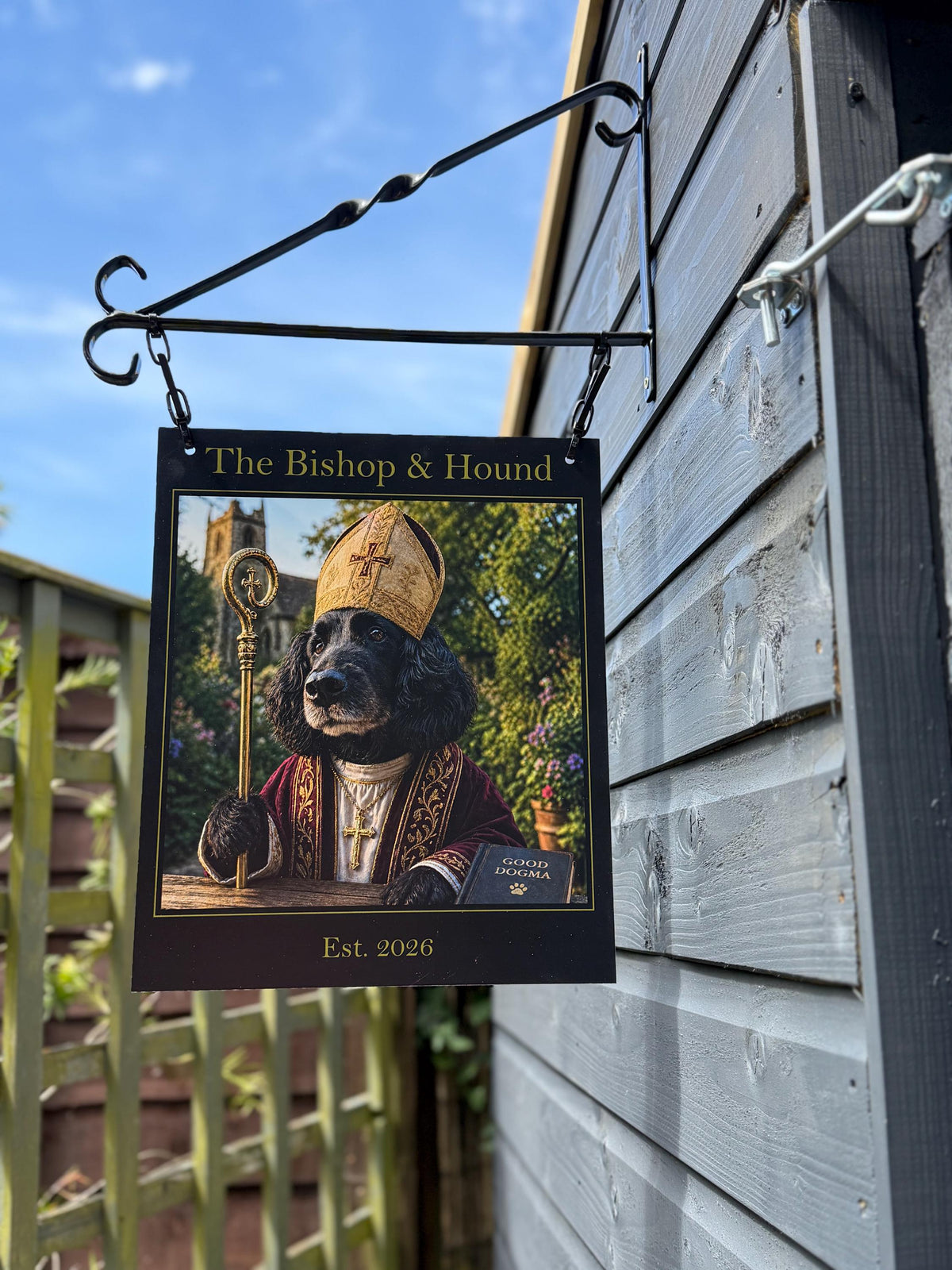 Customer's Bishop & Hound pub sign in their garden bar
